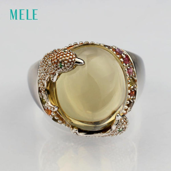 Planet Gates Natural rose quarts and lemon quarts silver ring, oval 14mm*16mm, bright tourmalines, vivid dolphins, cute and lovely