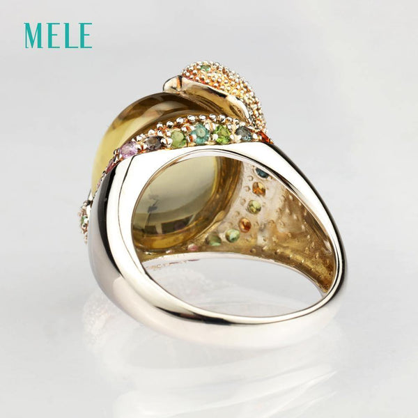 Planet Gates Natural rose quarts and lemon quarts silver ring, oval 14mm*16mm, bright tourmalines, vivid dolphins, cute and lovely