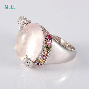 Planet Gates Natural rose quarts and lemon quarts silver ring, oval 14mm*16mm, bright tourmalines, vivid dolphins, cute and lovely