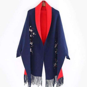 Planet Gates Navy / 190cmX65cm Design with sleeve Poncho scarf winter warm  cashmere Embroidery Cape tassel Blanket wrapped scarf shawl For Women