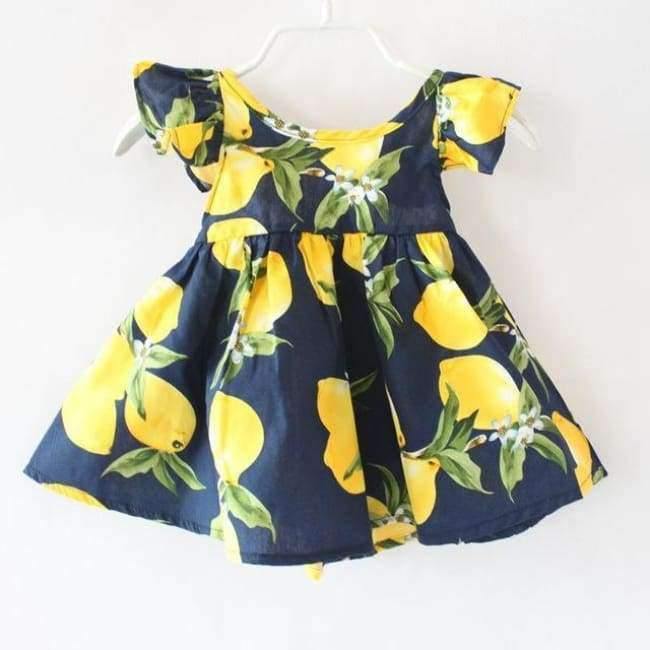 Planet Gates navy / 24M Summer Fly Sleeve  Sundress Lemon Pattern Baby Girls Dresses Fashion Children Clothes Christmas Gifts