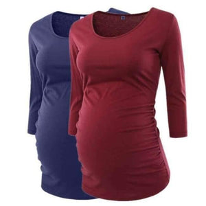 Planet Gates navy and wine / S Pregnant Blouse Maternity Clothes Side Ruched 3 Quarter Sleeve Maternity Scoop Neck Jersey Top Pregnancy Clothes for Women Tops