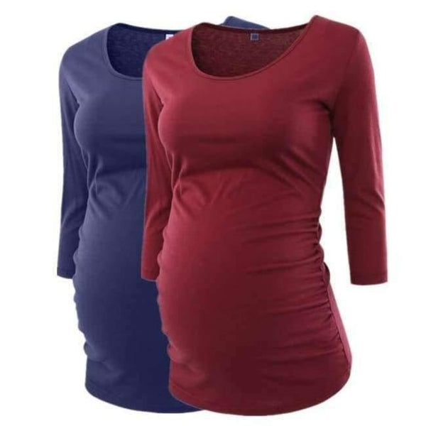 Planet Gates navy and wine / S Pregnant Blouse Maternity Clothes Side Ruched 3 Quarter Sleeve Maternity Scoop Neck Jersey Top Pregnancy Clothes for Women Tops
