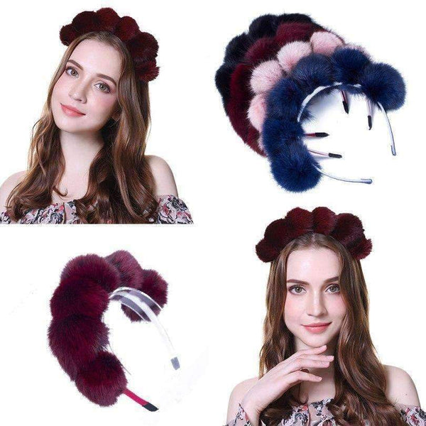 Planet Gates NAVY AWAYTR Winter Fox Fur Pompom Full Head Children Fashion Hair Band Winter Style Children's Hair Accessories for Women Headwear