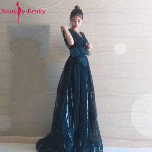 Planet Gates Navy Blue / 2 Long Evening Dresses 2018 V-Neck A-line Sleeveless Backless Bride Dresses Formal Occasion Party Prom Dresses