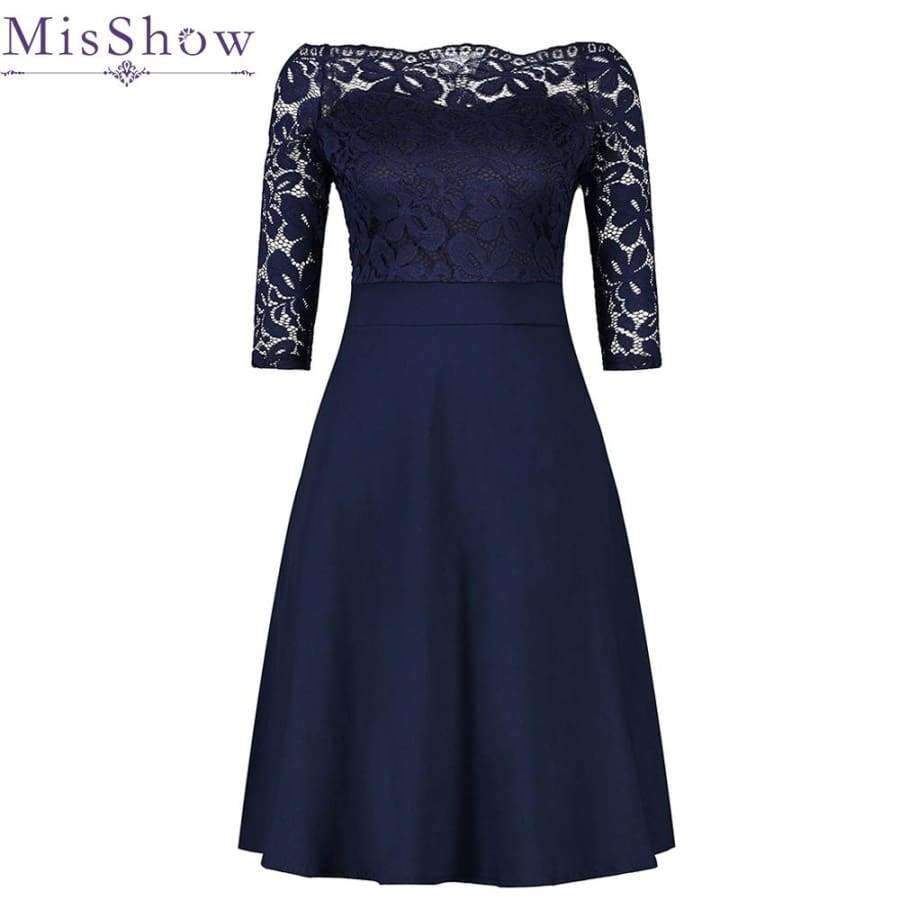 Planet Gates Navy Blue / 4 Navy Blue Cocktail Dresses Elegant Short Little Black Dress Lace Off shoulder Formal Dresses Short Sleeve Satin Prom Gown