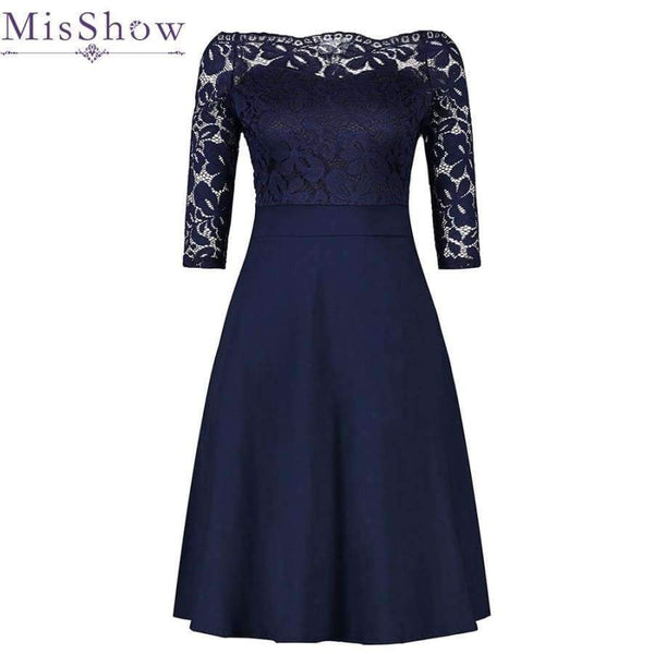 Planet Gates Navy Blue / 4 Navy Blue Cocktail Dresses Elegant Short Little Black Dress Lace Off shoulder Formal Dresses Short Sleeve Satin Prom Gown