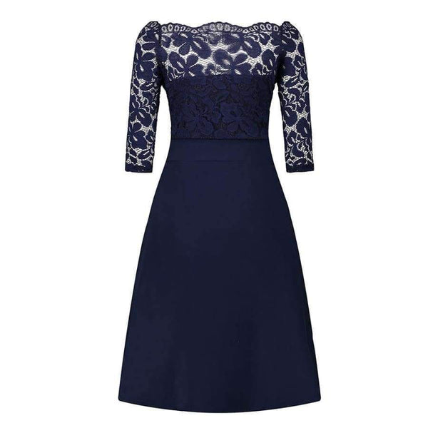 Planet Gates Navy Blue / 4 Navy Blue Cocktail Dresses Elegant Short Little Black Dress Lace Off shoulder Formal Dresses Short Sleeve Satin Prom Gown