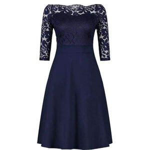 Planet Gates Navy Blue / 4 Navy Blue Cocktail Dresses Elegant Short Little Black Dress Lace Off shoulder Formal Dresses Short Sleeve Satin Prom Gown