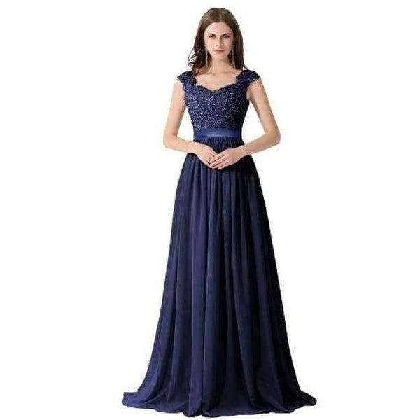 Planet Gates navy blue / 4 New Long Evening Dresses Gray Chiffon A Line Beaded Lace Bodice Elegant See Through Back Vestido De Fiesta