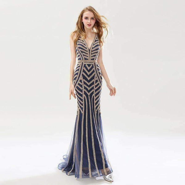 Planet Gates Navy Blue / 6 Beauty Silver Beading Mermaid Evening Dresses Sexy Tulle V-Neck Long Women Important Party Dress Luxury Prom Gowns OL476
