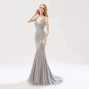 Planet Gates Navy Blue / 6 Beauty Silver Beading Mermaid Evening Dresses Sexy Tulle V-Neck Long Women Important Party Dress Luxury Prom Gowns OL476