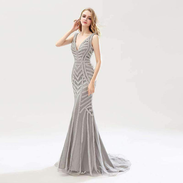 Planet Gates Navy Blue / 6 Beauty Silver Beading Mermaid Evening Dresses Sexy Tulle V-Neck Long Women Important Party Dress Luxury Prom Gowns OL476