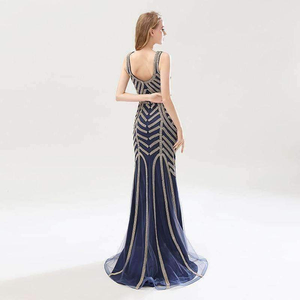 Planet Gates Navy Blue / 6 Beauty Silver Beading Mermaid Evening Dresses Sexy Tulle V-Neck Long Women Important Party Dress Luxury Prom Gowns OL476