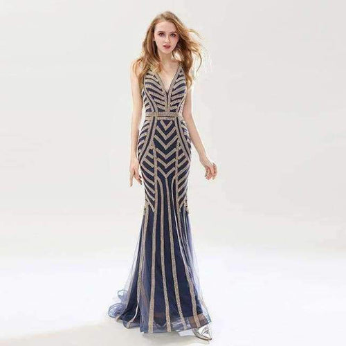 Planet Gates Navy Blue / 6 Beauty Silver Beading Mermaid Evening Dresses Sexy Tulle V-Neck Long Women Important Party Dress Luxury Prom Gowns OL476