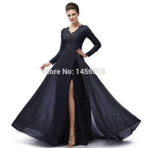 Planet Gates Navy blue / 6 Long Sleeve A Line V Neck Chiffon Lace Beaded Long Evening Dresses 2018 Robe De Soiree Manche Longue 122416W