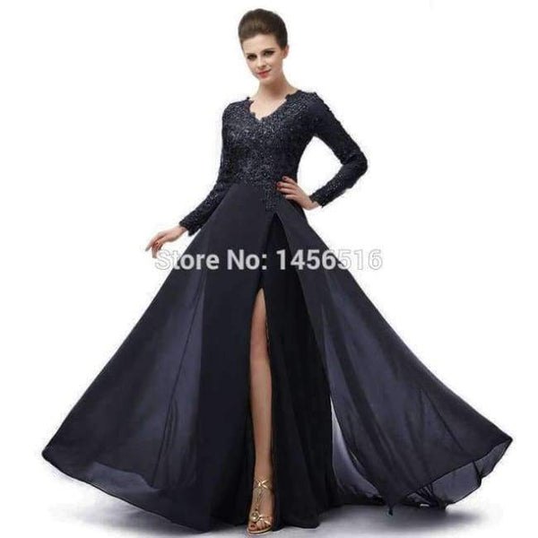 Planet Gates Navy blue / 6 Long Sleeve A Line V Neck Chiffon Lace Beaded Long Evening Dresses 2018 Robe De Soiree Manche Longue 122416W