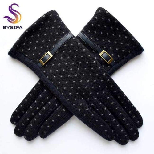 Planet Gates navy blue [BYSIFA] Women Polka Dot Wool Mittens Gloves Fashion Metal Buckle And Pu Design Cashmere Gloves Elegant Thick Warm Pink Gloves