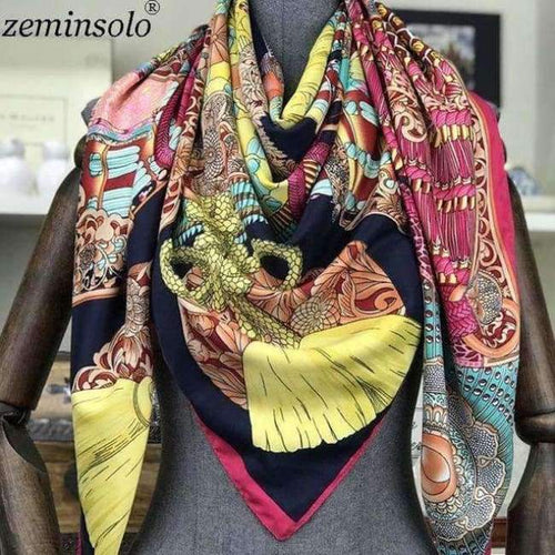 Planet Gates Navy Blue Design Square Silk Scarf Women Foulard Printed Bandana Ladies Shawl Hijab Elegant Headband Ring Scarves Wraps 130*130cm