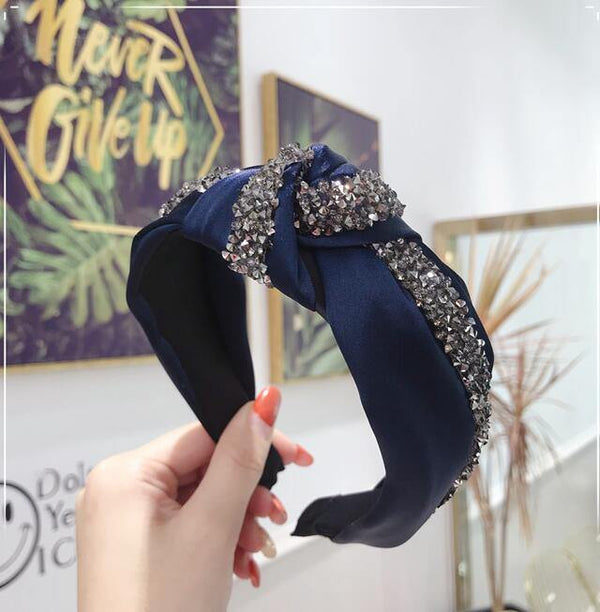 Rhinestone Hairband Women Solid Wide Side Headband Middle Knot Turban Girls Autumn Winter Hair Accessories Headwear