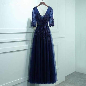Planet Gates navy blue half sleev / 6 V-neck Evening Dress Robe De Soiree 2018 High Quality Grey Tulle With Applique Evening Dresses Real Photo Vestido De Festa