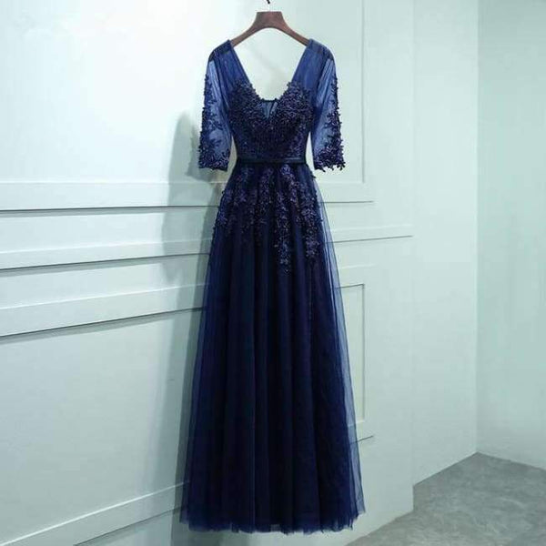 Planet Gates navy blue half sleev / 6 V-neck Evening Dress Robe De Soiree 2018 High Quality Grey Tulle With Applique Evening Dresses Real Photo Vestido De Festa