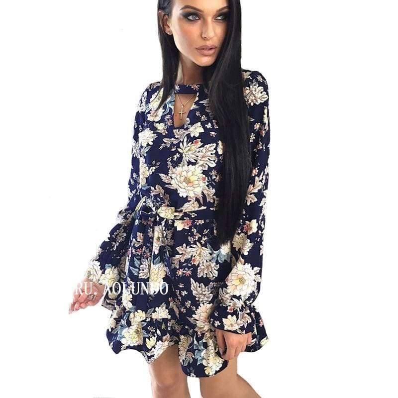 Planet Gates Navy Blue / L Women Floral Printing Choker V-Neck Autumn Dress 2018 Ruffles Sashes Long Sleeve Casual Dress Mini Party Dresses