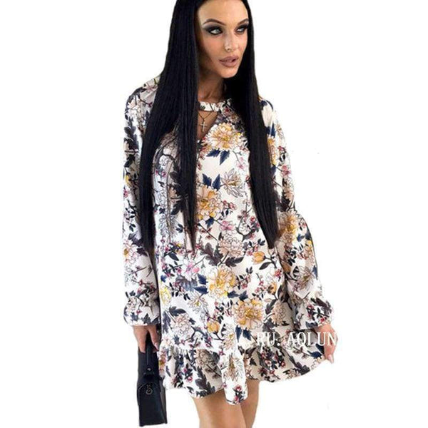 Planet Gates Navy Blue / L Women Floral Printing Choker V-Neck Autumn Dress 2018 Ruffles Sashes Long Sleeve Casual Dress Mini Party Dresses