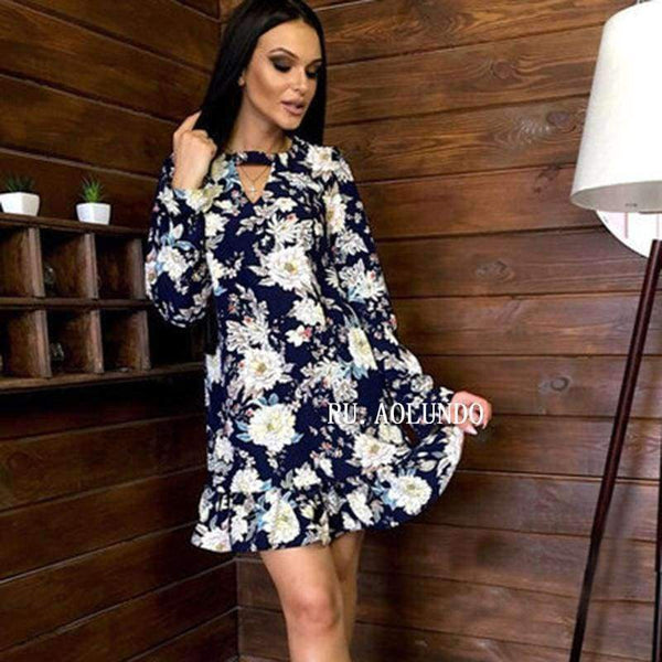 Planet Gates Navy Blue / L Women Floral Printing Choker V-Neck Autumn Dress 2018 Ruffles Sashes Long Sleeve Casual Dress Mini Party Dresses