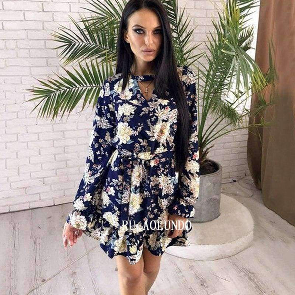 Planet Gates Navy Blue / L Women Floral Printing Choker V-Neck Autumn Dress 2018 Ruffles Sashes Long Sleeve Casual Dress Mini Party Dresses