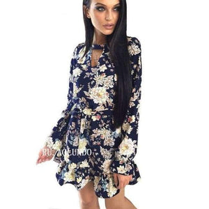 Planet Gates Navy Blue / L Women Floral Printing Choker V-Neck Autumn Dress 2018 Ruffles Sashes Long Sleeve Casual Dress Mini Party Dresses