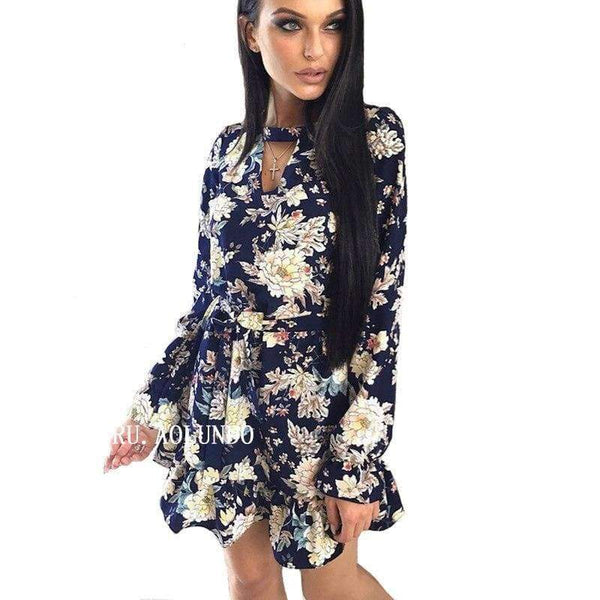 Planet Gates Navy Blue / L Women Floral Printing Choker V-Neck Autumn Dress 2018 Ruffles Sashes Long Sleeve Casual Dress Mini Party Dresses