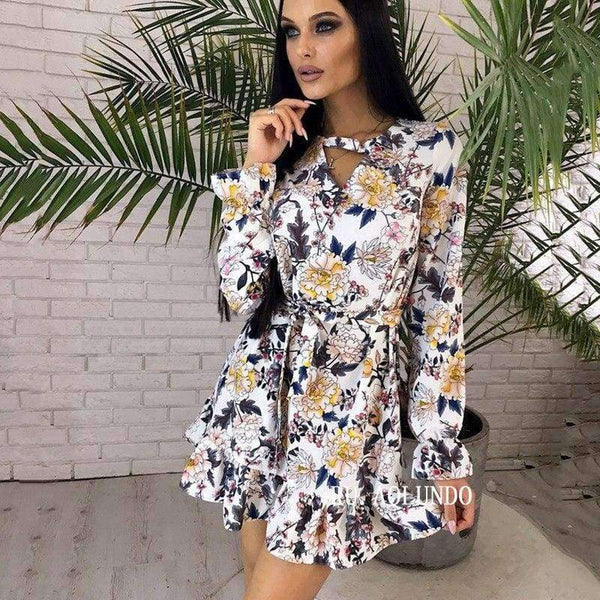 Planet Gates Navy Blue / L Women Floral Printing Choker V-Neck Autumn Dress 2018 Ruffles Sashes Long Sleeve Casual Dress Mini Party Dresses