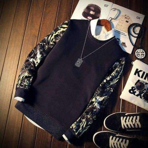 Planet Gates Navy Blue / M 2018 Spring Autumn Fashion Brand Men Patchwork Floral Print Long Sleeve O-Neck Cool Pullover Hoodies Mens Sweatshirt Tracksuit