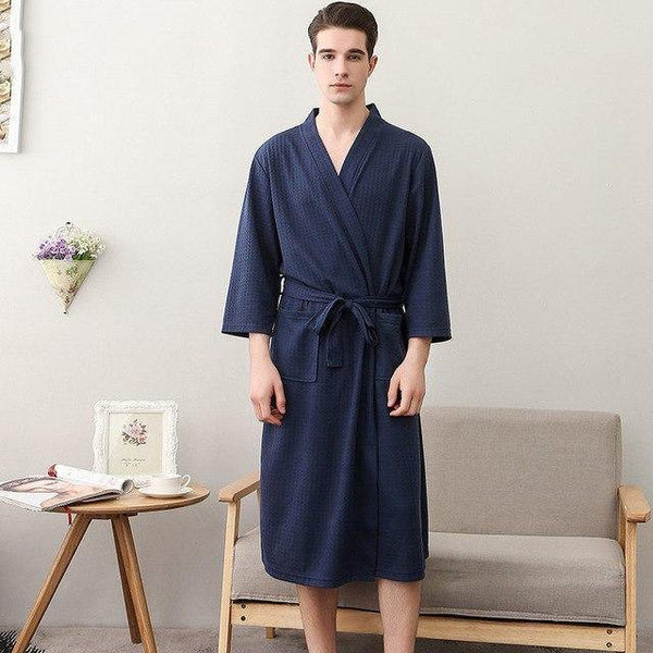 Planet Gates Navy Blue Men / M Unisex Men Women Sleeve Solid Waffle Sleep Lounge Bathrobe Nightgown Lovers Robes