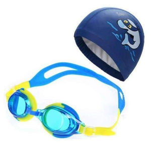 Planet Gates Navy Blue / One Size Children Anti Fog UV Protection Waterproof Silicone Swimming Goggles Glasses Eyewear & PU Fabric Dolphin Swim Cap Hat Set