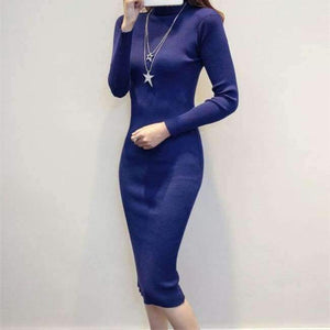 Planet Gates navy blue / S Women Autumn Winter Sweater Knitted Dresses Slim Elastic Turtleneck Long Sleeve Sexy Lady Bodycon Robe Dresses Vestidos LJ1017