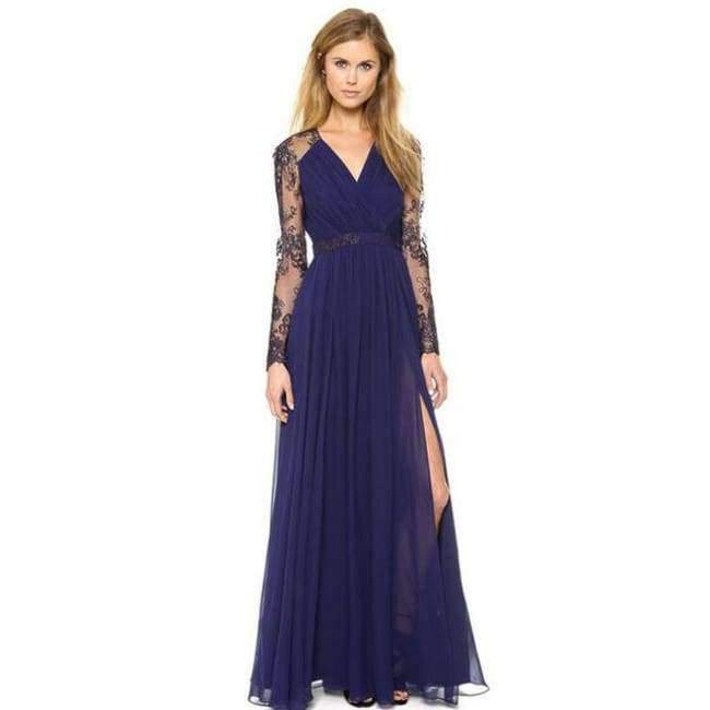 Planet Gates Navy Blue / S Women Maxi Dress Summer Hollow Out Split Long Party Dress For  Women Sexy V Neck Female Lace Summer Event Dress