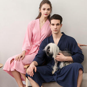 Planet Gates Navy Blue Women / M Unisex Men Women Sleeve Solid Waffle Sleep Lounge Bathrobe Nightgown Lovers Robes