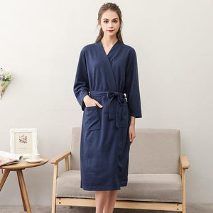 Planet Gates Navy Blue Women / M Unisex Men Women Sleeve Solid Waffle Sleep Lounge Bathrobe Nightgown Lovers Robes