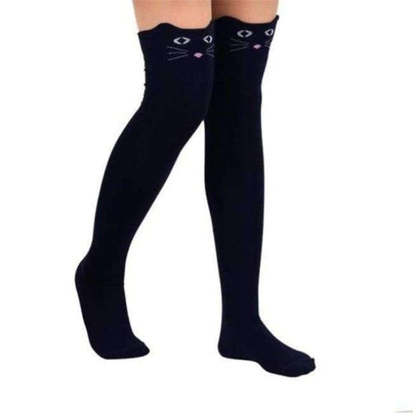 Planet Gates Navy Blue Womens Over the Knee Girls Sexy Cotton High Socks Cute Cat Thigh High  Hosiery