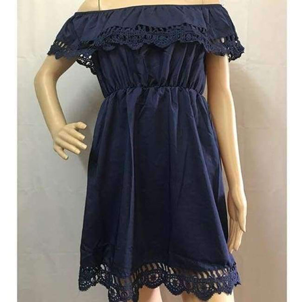 Planet Gates Navy Blue / XL Off Shoulder Ruffles Dress Women 2018 Summer Lace One shoulder Sundresses Beach Casual Shirt Short Mini Party Dresses