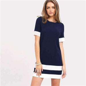 Planet Gates Marineblå / XS Sheinside Office Ladies Color Block Casual Minikjoler Arbejdstøj Sort Hvid Patchwork Rund Hals Kortærmet Shiftkjole