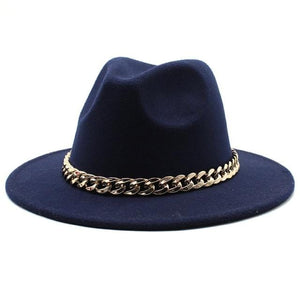 Planet Gates Navy / L(58-60cm) American Big Chain Fedoras Faux Woolen Brim Felt Cap Jazz Men Women Hat