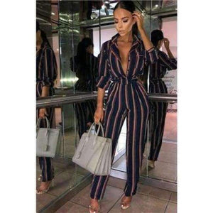 Planet Gates NAVY / L Fashion striped printed jumpsuits for women 2018 Half sleeve turn down collar long rompers womens jumpsuit Autumn new overalls
