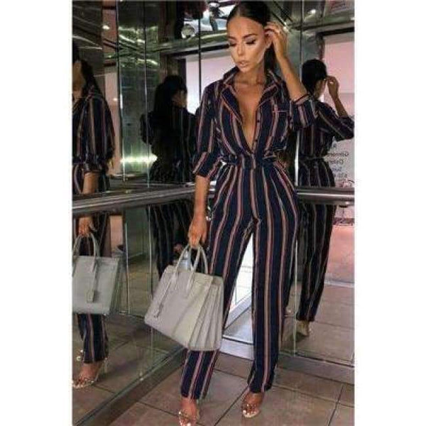 Planet Gates NAVY / L Fashion striped printed jumpsuits for women 2018 Half sleeve turn down collar long rompers womens jumpsuit Autumn new overalls