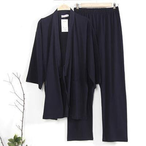Planet Gates Navy / M Kimono Pajamas set Men Sleep Spring Autumn Knitted 100% Cotton Lounge clothing Mens Sleep Kimono