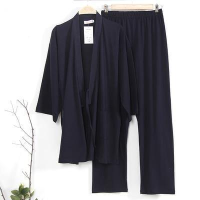 Planet Gates Navy / M Kimono Pajamas set Men Sleep Spring Autumn Knitted 100% Cotton Lounge clothing Mens Sleep Kimono