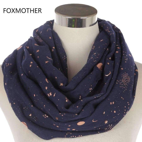 Planet Gates Navy New Fashion Navy Star Moon Foil Gold Scarf  For Womens Chirstmas Gifts