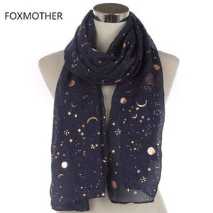 Planet Gates Navy New Fashion Navy Star Moon Foil Gold Scarf  For Womens Chirstmas Gifts